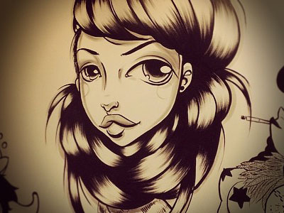Hair scarf art bw drawing en masse hair illustration painting scarf wall woman