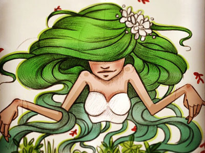 Mother nature aqua blue color drawing fish green hair mother nature plant woman
