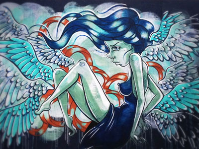 Under Pressure Montreal 2014 blue hair mural orange wings woman
