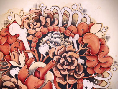 Knots acrylic artwork bones coffee flowers ink knots organs pencil red teeth white