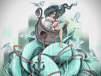 Big fish art bird blue boat fish hair illustration print woman