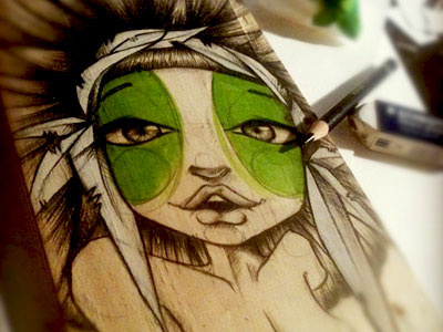 No.2 feather green hair illustration ink woman wood