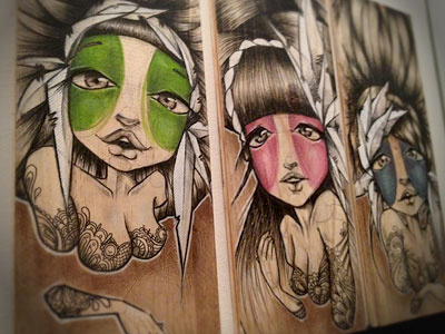 Iroquoises feather green hair illustration ink pink purple woman wood