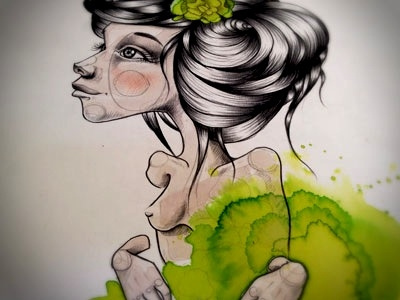 Untitled flower green hair illustration ink naked woman