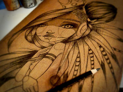 The queen artwork feather hair illustration woman wood