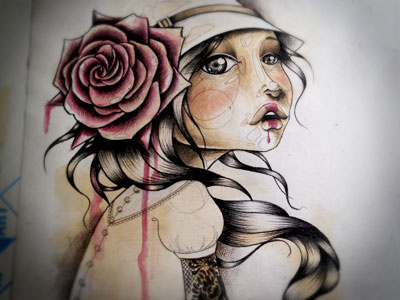 The flower eater artwork hair hat illustration tattoos watercolor woman