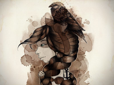 The raven artwork brown hair illustration ink profile raven watercolor woman