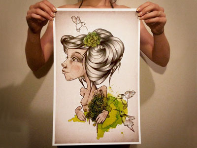 Colibris art birds flowers green hair illustration ink woman
