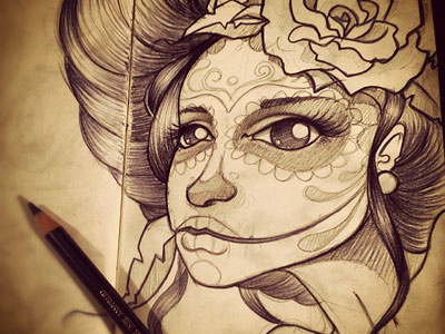 My first "Dia de los muertos" girl... flowers hair illustration ink woman