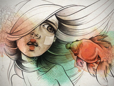 Sushi art colors drawing eyes fish flower hair illustration ink print woman