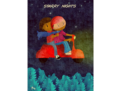Scooter Ride With The Bride 2019 color creative illustration night night mode pattern photoshop poster red scooter starry ride starry sky