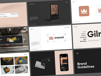 Arqvest • Branding brand guidelines brand identity branding business card crown debit card design finance gold identity logo logo design money motion startup unerstudio