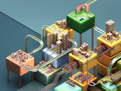 City of Cubes book cover buildings c4d c4dtoa city cubes geometry isometric pipes trains