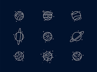 Planet Icons blue earth galaxy icon icon design icon set illustrator moons planet icons planets simple design solar system space space icons stars vector
