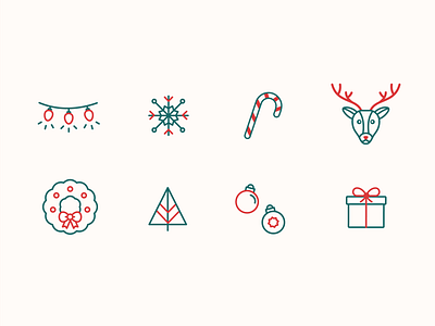 Holiday Icons Set 2 bow candy candy cane christmas card gift holiday holiday design holidays icon illustration lights ornaments pine tree presents red and green rudolph snow snowflake tree wreath