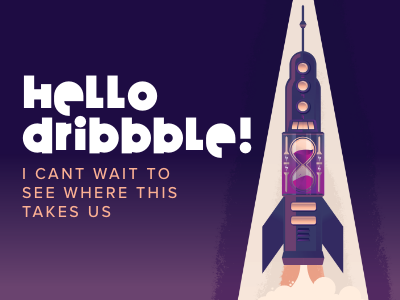 Hello Dribbble digital illustration outerspace purple rocketship takeoff vector