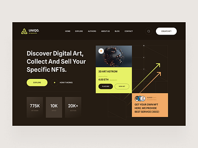 NFT Marketplace - Hero Section crypto cryptoart dark header hero illustration landing page marketplace minimal modern ui nft nfts sell token ui ux website