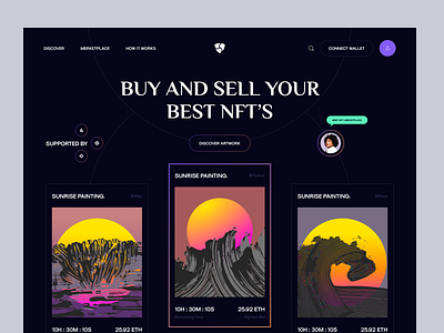 NFT Marketplace - Landing Page coins crypto crypto art cryptoart cryptocurrency darktheme exploration landing page minimal modern ui nft nft art nft buy nftmarketplace sell nft token ui ux web website