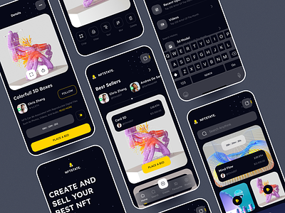 NFTSTATE - Mobile App 2022 app bitcoin blockchain branding coin cryptocurrency ecommerce futuristic marketplace minimal modern ui nft store token trend ui ux