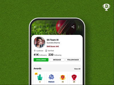 User Profile app awards career challenge cricket fantasy history level matches message profile score scoreboard social sports statistics ui user profile ux versus