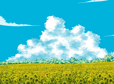 Sunflowers Field boy cloud design flying bird hill illustration landscape landscape design moon mountain sky srabon arafat sun sunflower tree vector