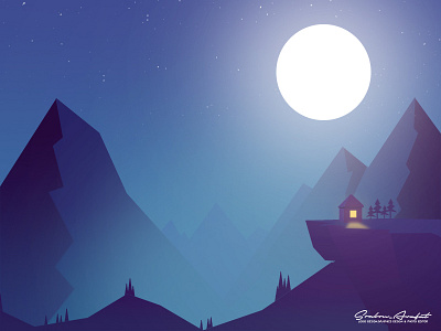 Midnight Illustration hill home house midnight moon mountain tree