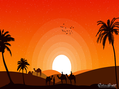 Desert camel desert desert illustration flying bird moon palm tree tree