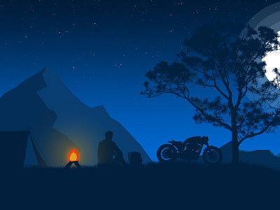 Survival In Midnight alone boy boy camp hill illustration midnight moon mountain survival tree