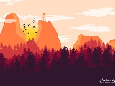 Mountain View #1 cloud flying bird hill illustration illustration landscape landscape landscape design mountain sky sun tree water tank