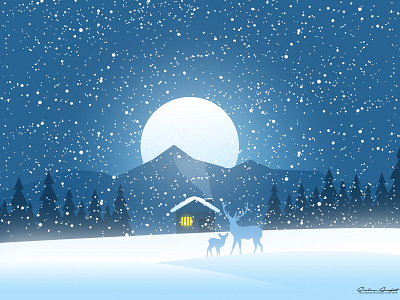 Winter Landscape baby deer deer hill home house illustration landscape landscape design little deer midnight moon mountain snow snowfall tree winter winter landscape