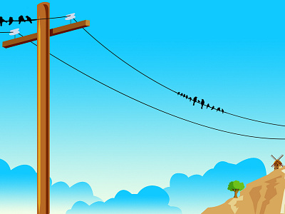 Electricity Pole Birds 2 cloud design flying bird hill illustration landscape landscape design mountain sky srabon arafat sun tree vector