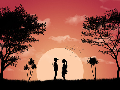 Boy And Girl boy boy and girl cloud couple design flying bird girl hill illustration landscape landscape design love midnight moon mountain sky srabon arafat sun tree vector