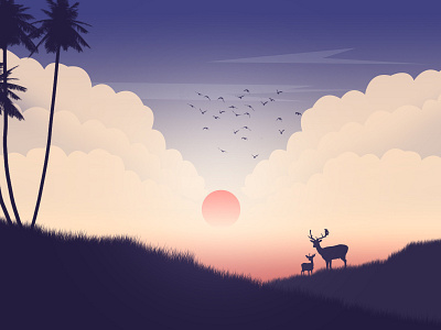 Sunset View 2 cloud design flying bird hill illustration landscape landscape design love mountain sky srabon arafat sun tree vector