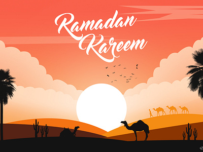 Ramadan Kareem camel cloud desert design flying bird hill illustration landscape landscape design mountain sky srabon arafat sun tree vector