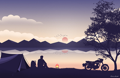 Survival In Evening alone boy boy cloud design evening flying bird hill illustration landscape landscape design midnight mountain sky srabon arafat sun survival tree vector