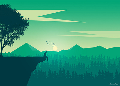 Depression alone boy boy cloud depression design flying bird hill illustration landscape landscape design love mountain sky srabon arafat sun tree vector