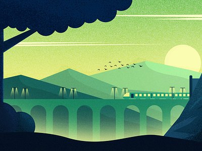 Train on Bridge birds cliud design hill illustration landscape landscape design mountain sky srabon arafat tree vector