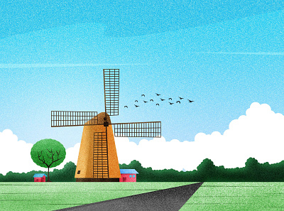 Roadside Windmill bird birds clouds design hill home house illustration landscape landscape design mountain road sky skyline srabon arafat tree trees vector windmill