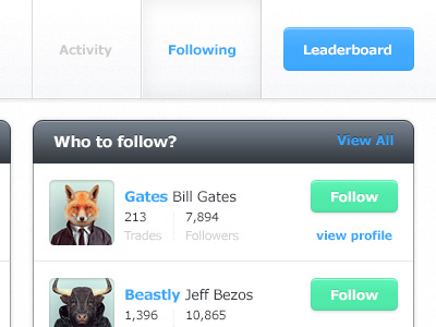 Following activity blue button clean follow following green investment leaderboard minimal navigation profile selected trading ui ux