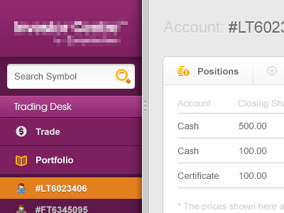 Purple Navigation Side Menu account cash dashboard financial interface investment menu money navigation online platform portfolio purple side trading