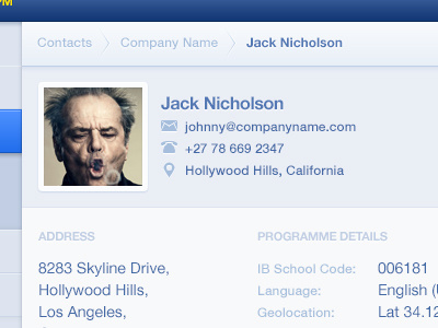 Contact Details address avatar blue breadcrumbs clean custom details email icons interface jack nicholson location navigation product program software ui ux