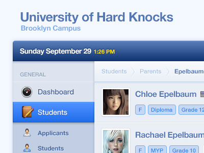 University of Hard Knocks application blue breadcrumbs complex icons navigation school students ui ux