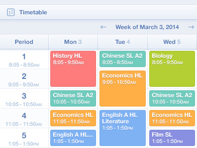 Timetable class colours days interface period student timetable