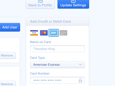 Add Credit / Debit Card amex card clean credit debit form ui ux visa