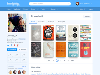 User Profile ~ Bookshelf attachment book bookshelf feed full icons interface navigation pagination profile search