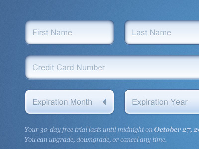 Blue Form blue button credit card drop down form gradient input label menu trial ui