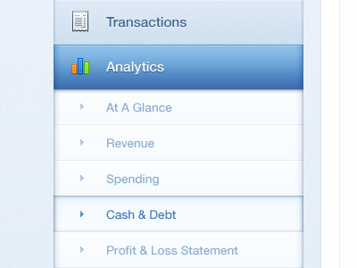 Secondary Navigation analytics clean dropdown financial icons navigation secondary sub