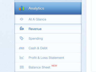 Secondary Navigation + Icons analytics clean dropdown financial icons navigation secondary sub