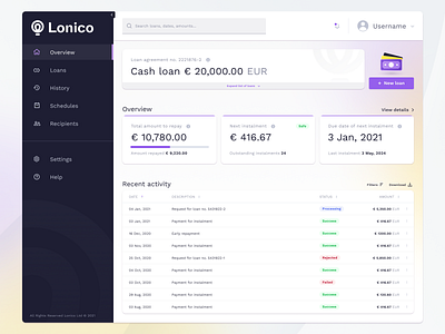 Lonico loans — Dashboard credit dashboard design desktop experience finance fintech history instalment interface loan management money schedule system ui user ux web website