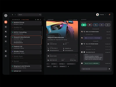 CRM Dashboard - Dark Theme app business chat client crm customer dark dashboard design interface lead management marketing prospect relationship sale theme ui ux web